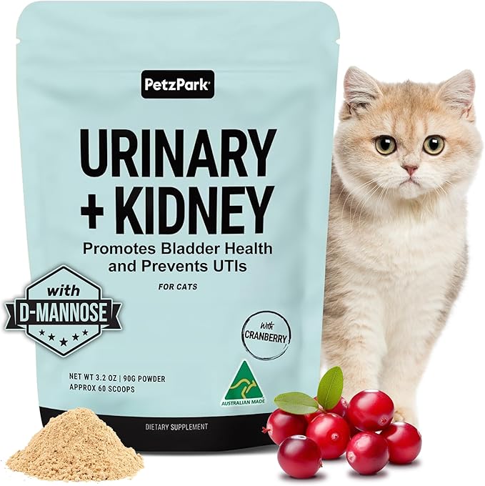 Urinary and Kidney Powder Supplement for Cats - Cranberry, Nettle Seed, D-Mannose for Cat UTI Treatment, Urinary Tract Health, and Kidney Care - Fast UTI Relief & Prevention - 60 Scoops