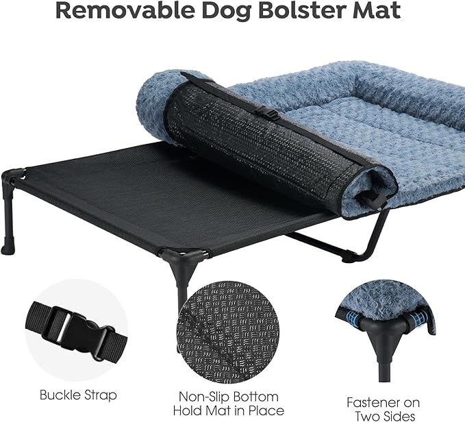 Veehoo Cooling Elevated Dog Bed Add Removable Deluxe Rose Plush Bolster Cushion Mat, 47" x 29" Washable Dog Couch Bed, Raised Pet Cot with Breathable Teslin Mesh, No-Slip Feet, Haze Blue, CWC2439B
