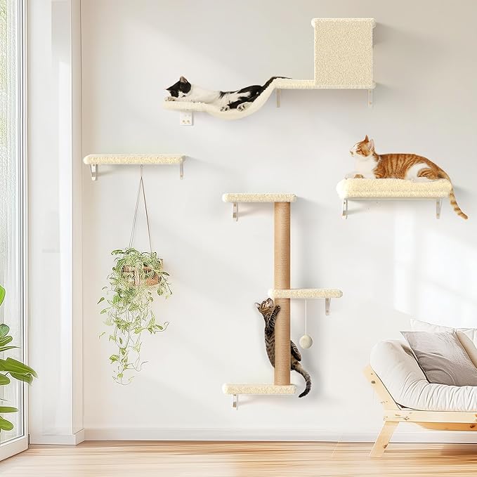 FUKUMARU Cat Wall Shelves, Stable & Safe 4 in 1 Large Cat Walls Furniture Set, Wooden Kitten Climbing Wall with Scratching Post for 16 Inch Drywall - Beige