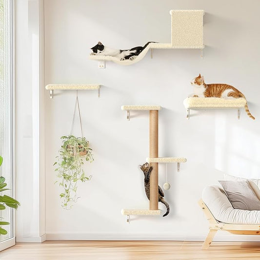 FUKUMARU Cat Wall Shelves, Stable & Safe 4 in 1 Large Cat Walls Furniture Set, Wooden Kitten Climbing Wall with Scratching Post for 16 Inch Drywall - Beige