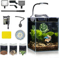 Desktop Glass Fish Tank 1.25 Gallons Small Aquarium Set, Self Cleaning Filter System Bright LED Light Gravel Plant Cleaning Tool, Betta Small Space Kit Easy Setup Space Saving Design
