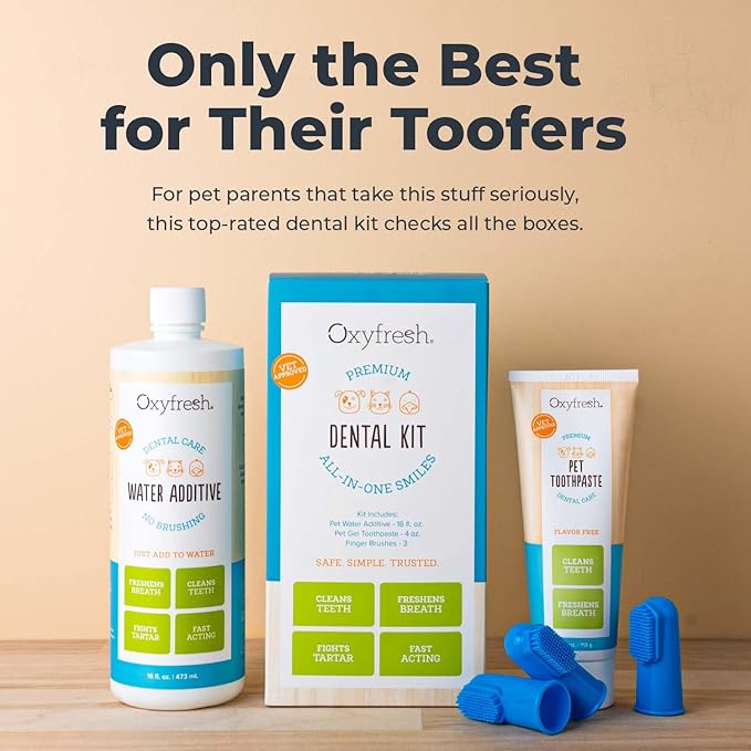 Oxyfresh Premium Pet Dental Kit for Dogs & Cats – Easy Solution for Fresh Breath, Clean Teeth, Control Plaque & Tartar – Vet Formulated Pet Toothpaste 1oz + Water Additive 3oz + 3 LG Brushes Kit