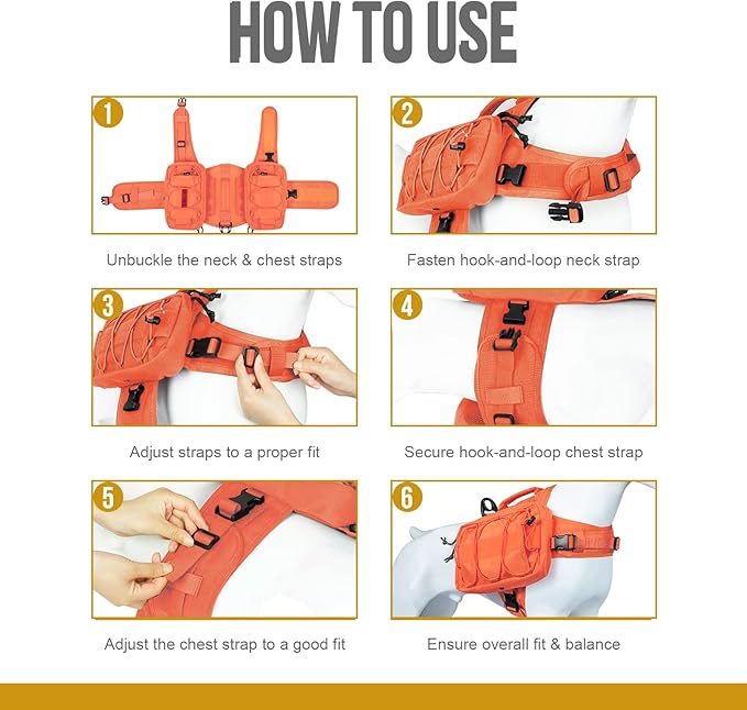 ONETIGRIS Dog Backpack for Medium & Large Dogs, Nylon Backpack for Dogs Tactical Pet Backpack with Side Pockets for Hiking Walking Training Running (Orange, Medium)