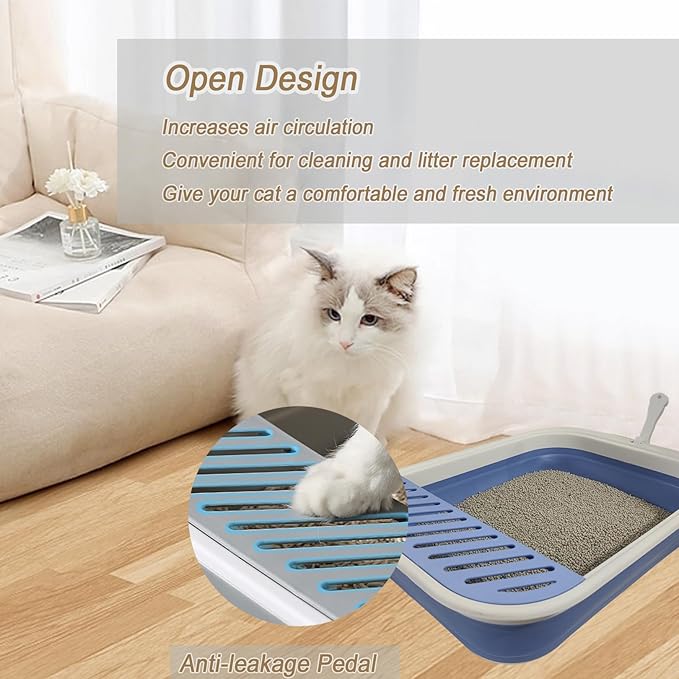 Senior Cat Litter Boxes, Collapsible Open Low Entry Cat Litter Pan with Scoop Travel Kitty Potty Pan Foldable Pet Toilet for Sick Disabled Older Elderly Cats 20.9x15.7x5.7 inch