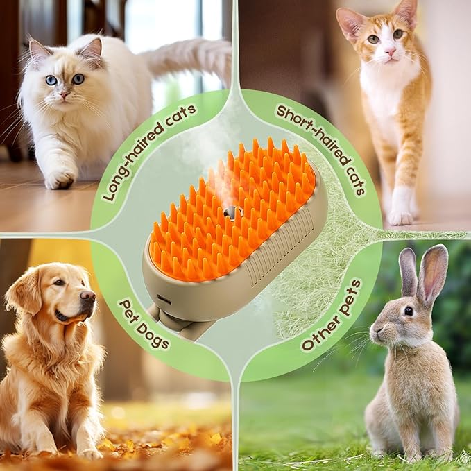 New Cat Steam Brush, 3 in 1 Pet Steam Groomer Brush, Rechargeable Pet Steam Groomer Comb for Massaging and Cleaning Shedding Pets Hair, Multifunctional Hair Removal Comb for Cats Dogs (Khaki+White)