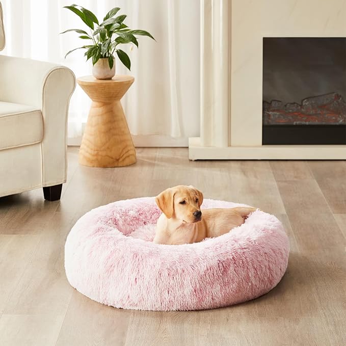 WNPETHOME Calming Dog Bed Cat Bed Donut, Faux Fur Pet Bed Self-Warming Donut Cuddler, Comfortable Round Plush Dog Beds (24 x 24 x 8 Inch, Light Pink)