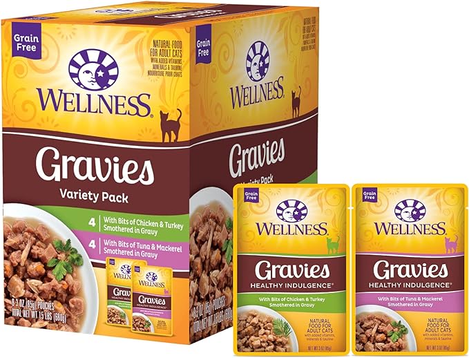 Wellness Healthy Indulgence Gravy Adult Wet Cat Food, Natural, Protein-Rich, Grain Free, 3 Ounce Pouch, 8 Pack, (Gravy Variety Pack)