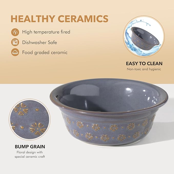 Ceramic 7.1inch Set of 2 Dog Bowls for Medium and Large Dog, 2pcs Basic Food and Water Dishes for Replacement, Wide Opening Rounded Edge (2 Bowls, Reactived Glaze -Grey)