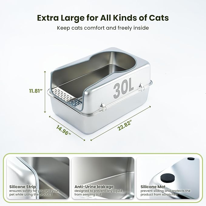 Cattasaurus 100% Stainless Steel Litter Box Enclosure for Large Cats 30+ lbs, Odor-Free & Easy to Clean, Multi Cat Litter Box with Cover, Long-Lasting XL Metal Litter Box with High Side, Scoop & Pedal