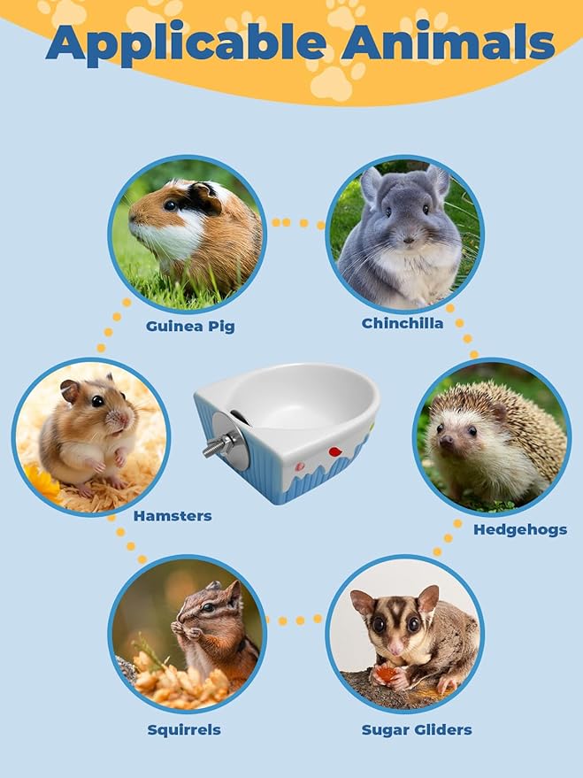 Chinchilla Food Bowl Ceramic Guinea Pig Cage Feeder Hanging Bunny Food Dish Small Animal Feeding Bowls for Syrian Hamster Ferret Gerbils (Blue)