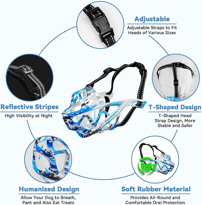 Dog Muzzle for Large Dogs, Breathable Basket Muzzles for Small, Medium and X-Large Aggressive Dog, Allows Panting Drinking, Suitable for Grooming Trimming Training (Camouflage Blue, XL)