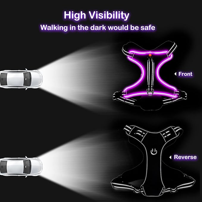 Light Up Dog Harness, No Pull LED Dog Harness with Handle, Rechargeable Lighted Safety Vest for Small Medium Large Dogs, Adjustable Soft Dog Lights for Night Walking