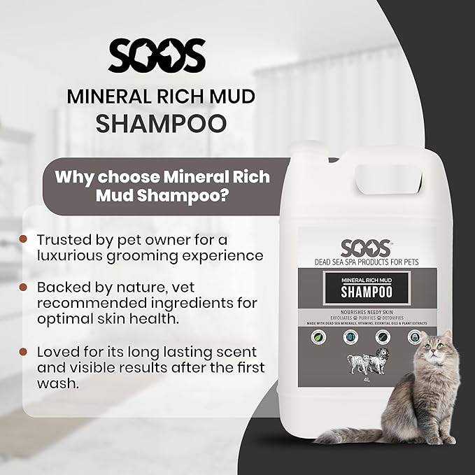 Soos pet Shampoo Mineral Rich Mud Cat and Dog Shampoo Natural Dead Sea Minerals Fast Absorbing - 1x Bottle (4L)