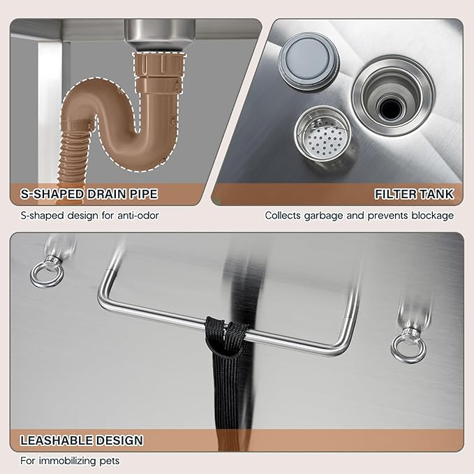 Albott 60 Inch Stainless Steel Dog Washing Station with Anti-Slip Steps, Sprayer, Faucet, Soap Box, Tow Rope – Professional Pet Bathtub for Large Pets, Ideal for Home, Garage, and Grooming(Left)