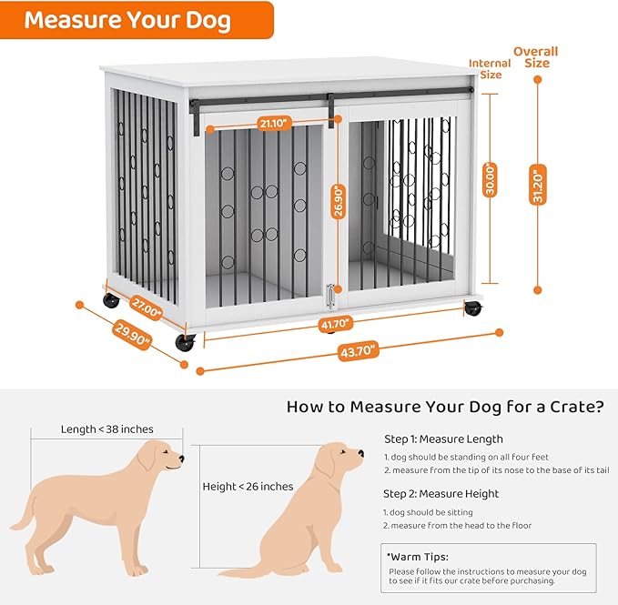 IchbinGo Large Dog Crate Furniture with Sliding Barn Door, 43.7" Wooden Dog Kennel End Table with Wheels and Flip-top Plate Dog House with Detachable Divider for Small/Medium/Large Dog (White)