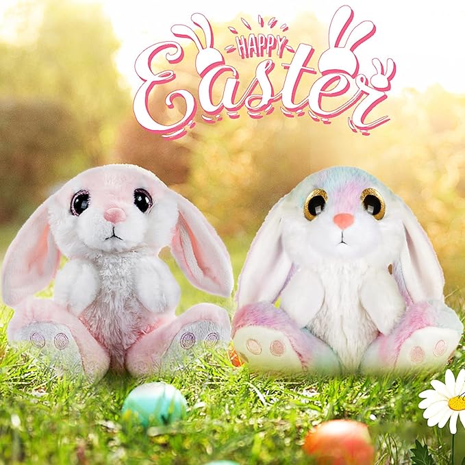 My OLi Bunny Stuffed Animal Pack of 2 Plush Rabbit 7in Stuffed Bunny with Floppy Ear Bedtime Friend Soft Toy Gifts for Girls Boys Kids, Pink & Rainbow