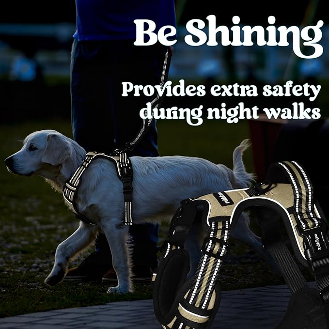 rabbitgoo Dog Harness for Large, No Pull Pet Harness with 3 Buckles, Adjustable Soft Padded Vest with Control Handle, Walking Reflective Pet Vest for Large Dogs, Beige, L