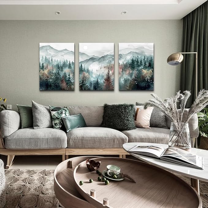 TTHYUEWS Farmhouse Wall Art For Living Room Canvas Wall Decor For Bedroom Wall Pictures for Office Fog Forest Mountain Landscape Watercolour Paintings Artwork Home Decorations Ready To Hang 3 Piece