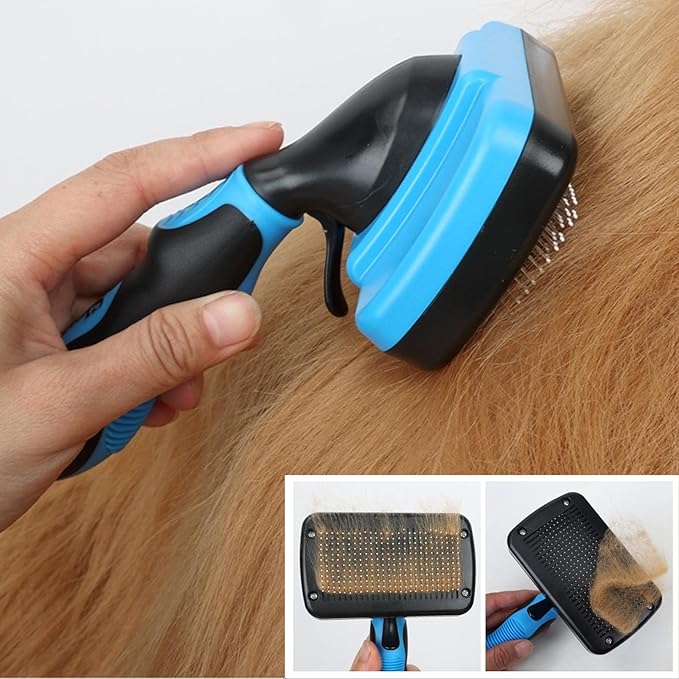 Dog Brush Kit for Grooming Short & Long Haired Dogs & Cats, 4-in-1 Pet Grooming Set with Self-Cleaning Slicker Brush, Deshedding Tool, Shampoo Bath Comb, Massge Comb (Blue Black)