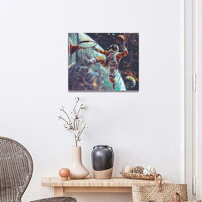 Quorin Astronaut Wall Art Funny Spaceman Basketball Pictures Space Galaxy Planet Wall Decor Canvas Print Painting Artwork for Bathroom Living Room Bedroom 16"x20"