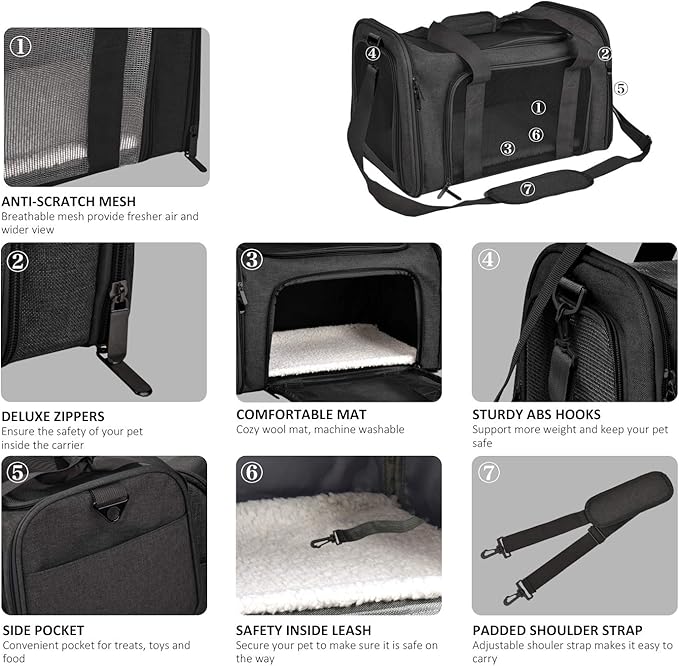 Large Soft Sided Cat and Pet Carrier for Cats and Puppies up to 25Lbs - Collapsible, Waterproof Travel Carrier - Black