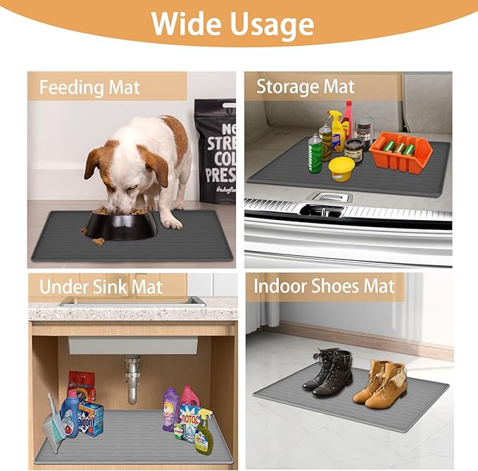 24" x 16" Dog Food Mat, Silicone Pet Mats for Food and Water, Nonslip Pet Feeding Mats for Floors, Dog Cat Bowl Mat with Raised Edges, Black