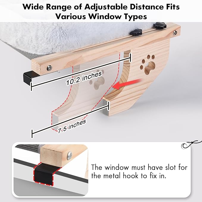 AMOSIJOY Cat Sill Window Perch Sturdy Hammock Window Seat with Cushion Cover, Wood & Metal Frame for Large Cats, Easy to Adjust Cat Bed for Windowsill, Bedside, Drawer and Cabinet (L)