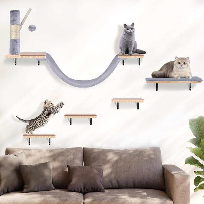 Cat Shelves for Wall, Wall Mounted Cat Furniture Set,with Hammock,Jumping Boards,Sofa,Steps,ScratchingPost,Hanging Ball and Felt Pads, Suit for Cats Climb, Jump,Scratch-Gray