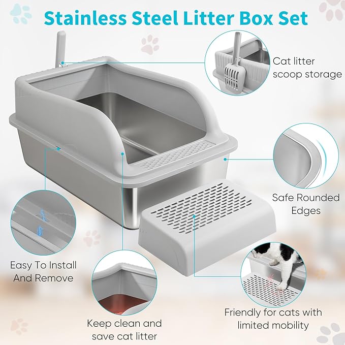 XL Stainless Steel Cat Litter Box with High Sided Lid for Big Cats, 23.5"L x 15.5"W x11.8"H, Metal Kitty Litter Tray with Scoop and Filter Pedal, Leak-Proof,Odorless,Non-Stick,Easy Cleaning