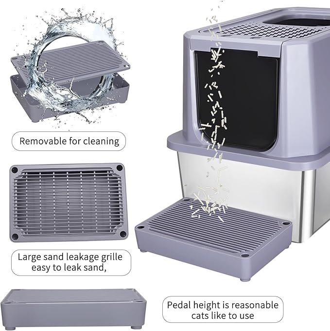 RIZZARI Stainless Steel Cat Litter Box, Odorless Enclosed Litter Box with Top Holes, Large Litter Pan for Small to Large Sized Cats (Cool Gray, 23.8" L*15.9" W*18" H)