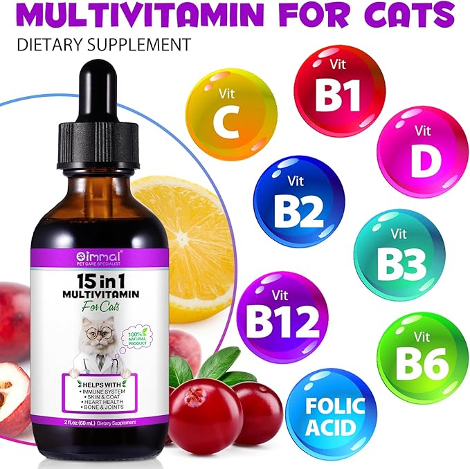 Liquid Multivitamin for Cat, 15 in 1 Cats Multivitamin Liquid Drops Supplements for Skin & Coat, Heart Health, Bones and Joint, Cat Vitamins with Glucosamine and MSM, Immune System Support -60ml