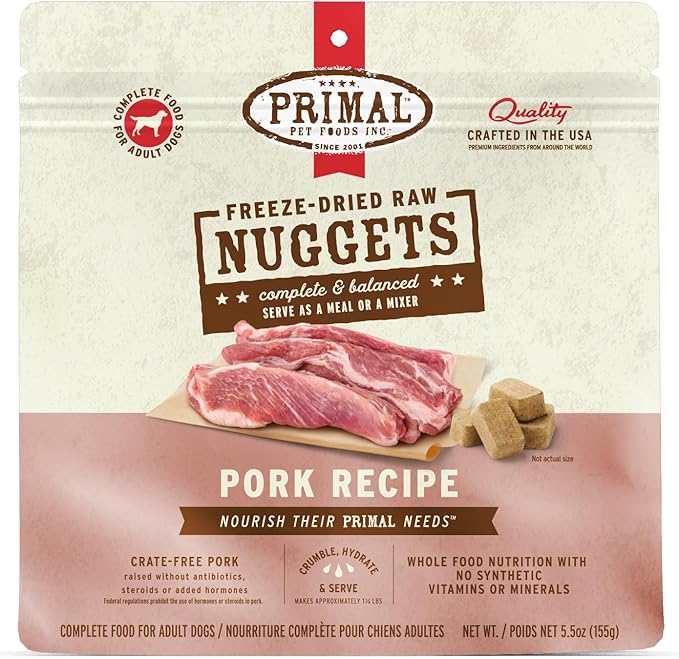 Primal Freeze Dried Raw Dog Food Nuggets, Pork, Complete & Balanced Meal, Also Use as Topper or Treat, Premium, Healthy, Grain Free, High Protein Raw Dog Food, 5.5 oz