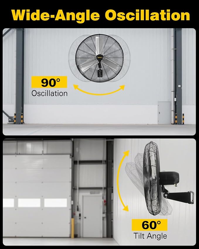 VENTISOL 30 Inch Wall Mount Fan Oscillating, 9500 CFM High Velocity Industrial Fans with 3 Speeds for Garage, Shop, Warehouse, Workshops, Cover Patio, ETL Listed