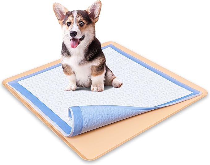 TidyFriend Dog Pee Pad Holder Tray Fits for 24” x 24” Wee Wee Pee Pads - Stable Grip, Raised Edges, Quick-Wipe Silicone Surface Dog Potty Tray Holder for Indoor Flooring Protection (Beige)