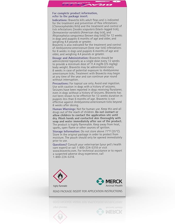 BRAVECTO Topical Solution for Dogs, Flea & Tick, 12 Week Supply, >88-123 lbs., Pink Box
