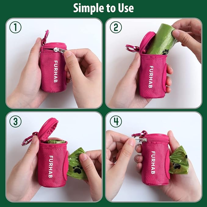 Dog Poop Bag Holder for Leash Doggie Waste Bag Dispenser Soft Fabric Puppy Potty Carrier Small Doggy Zipper Pouch with Carabiner Clip 1680D Nylon Oxford with 1 Roll of Pet Trash Bags, Rose Red