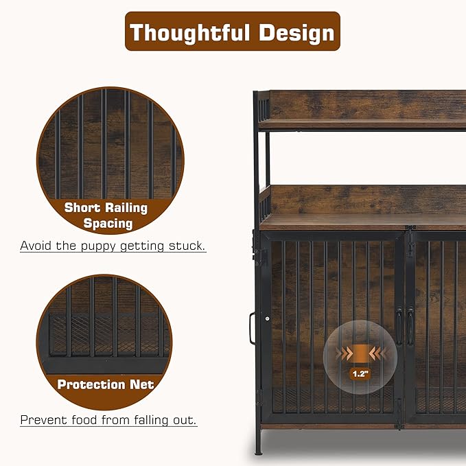 MCombo Furniture Style Dog Crate with Storage Shelves, Heavy Duty Wooden Dog Cage End Table, Triple Doors Pet House Indoor, 1368 (Brown)