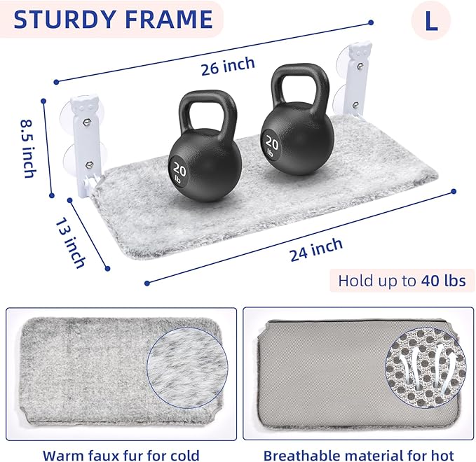 pettycare Cat Window Perch, Cordless Cat Window Hammock Bed with 4 Strong Suction Cups, Foldable Kitten Balcony Seat for Inside Hold Up to 40lbs, Solid Metal Frame and Soft Reversible 2 Fabrics Cover