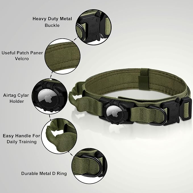 Tactical AirTag Dog Collar Leash Set - Heavy Duty, Adjustable GPS Collar Compatible with Apple AirTag, with Holder & Control Handle for Medium/Large Dogs [ Green, M ]