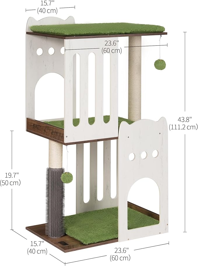 FourFurPets 43.7in 3-Tier Modern Cat Tree Tower Condo, Cat Scratch Posts for Indoor Cats, Big Plate, Two 19.7in Full Sisal Scratching Posts, White