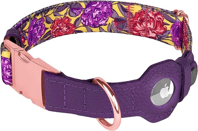 AirTag Dog Collar for Small Medium Large Breed - Adjustable Cute Pattern Dog Collar with Airtag Holder - Soft Leather Tracker GPS Apple Air Tag Pet Collars (X-Large, 20"-25" Neck Fit, Peonies)