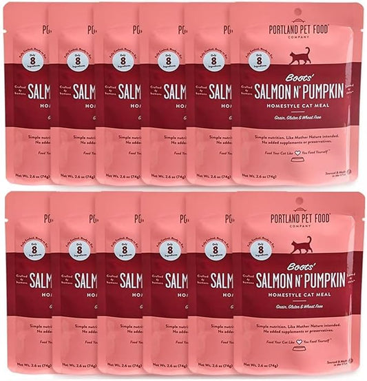 Human-Grade Mixed Variety Pack Wet Cat Food Pouch Boots' Salmon N' Pumpkin - Moist, Soft Cat Food Mixer, Topper, and Rotational Meal by Portland Pet Food Company -12 Pack