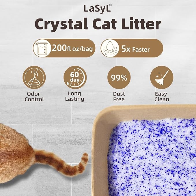 LaSyL Premium Crystal Cat Litter - 34.4 lb, Four Months Lasting - Superior Odor Control & Absorption, Non-Clumping, Low Tracking Silica Gel Safe for Pet, White & Blue (8 Bags of 4.3 lb)
