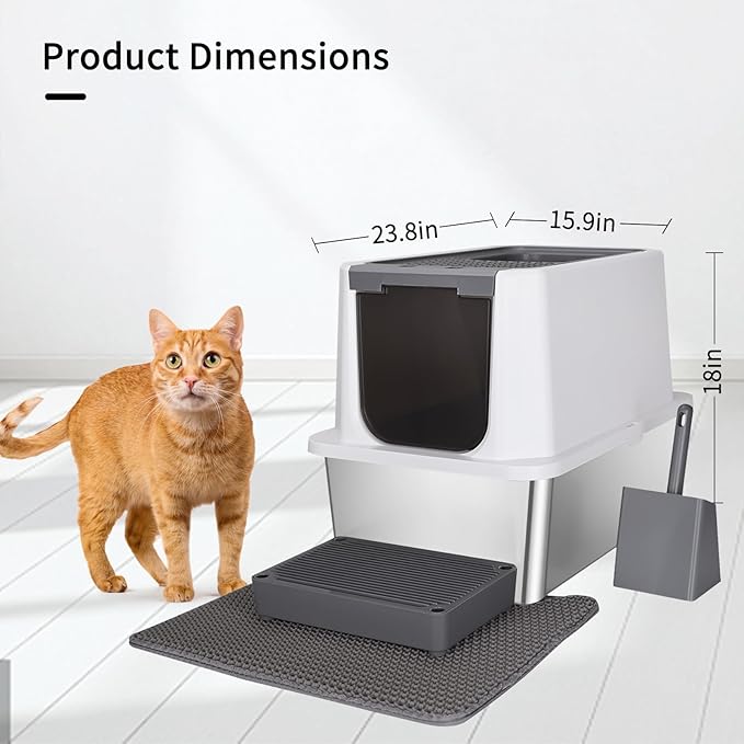RIZZARI Stainless Steel Cat Litter Box, Odorless Enclosed Litter Box with Top Holes, Large Litter Pan for Small to Large Sized Cats (Dark Gray, 24" L*16" W*18" H)