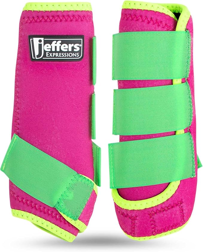 Jeffers Equine Neon Horse Boots – 1 Pair – Pink & Lime – Small Size – Breathable Neoprene, Secure Strap Closures – Durable Protection for Front & Hind Legs, Training, Trail & Riding Use