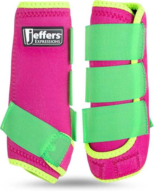 Jeffers Equine Neon Horse Boots – 1 Pair – Pink & Lime – Small Size – Breathable Neoprene, Secure Strap Closures – Durable Protection for Front & Hind Legs, Training, Trail & Riding Use