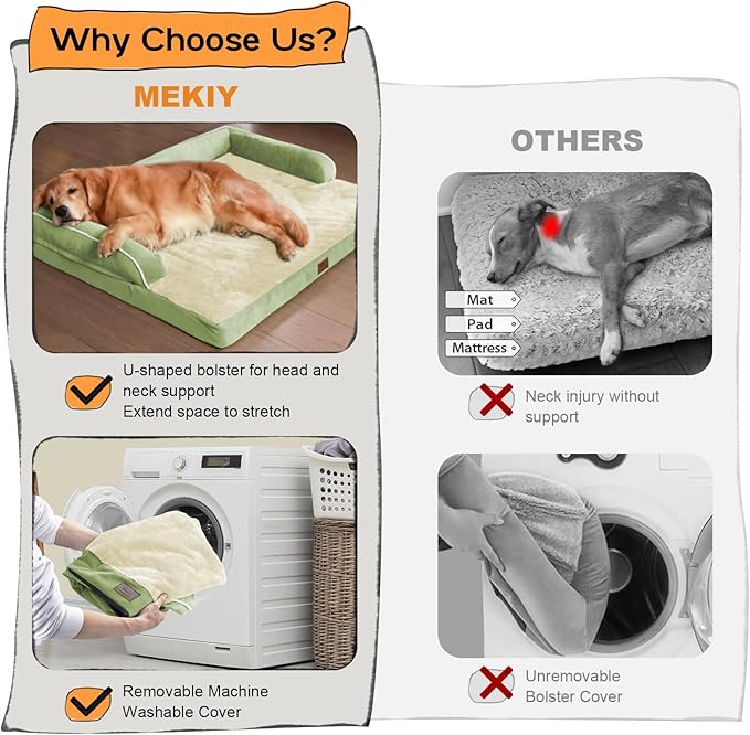 Large Dog Bed Orthopedic Washable - Beds Bolster - Extra Large Big Dogs - Memory Foam Couch Sofa - Waterproof with Removable Cover - Grass Green Dog Bed