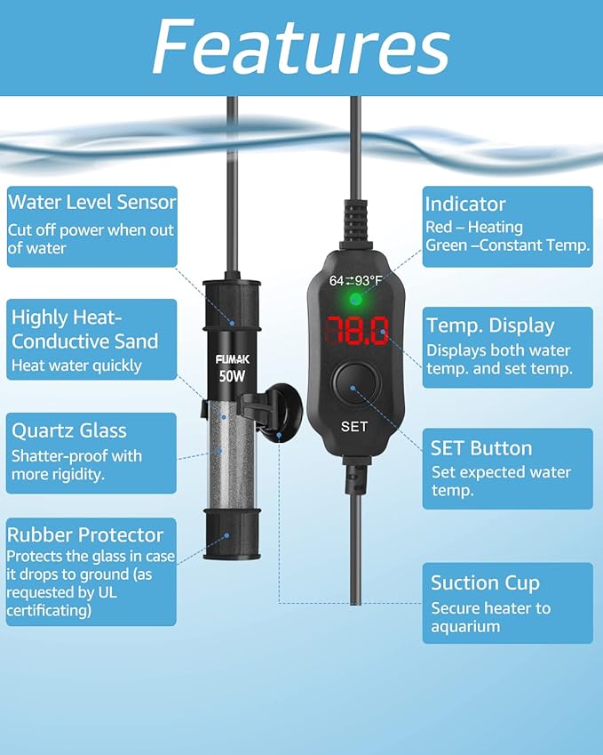 50W Adjustable Aquarium Heater Super Short Submersible Fish Tank Heater Fish Heater with LED Digital Display Thermostat, for Tanks 5-10 Gallons