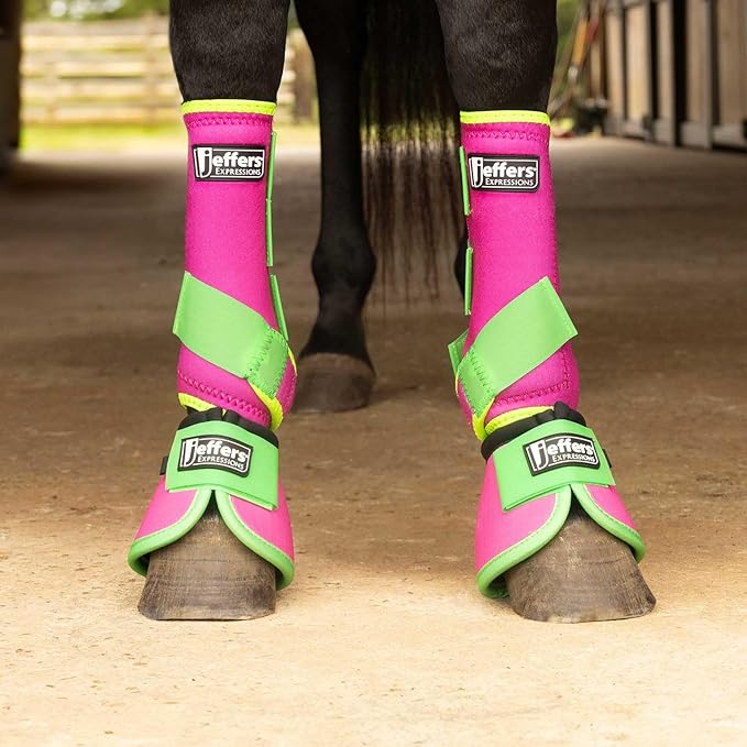 Jeffers Expression Neon Horse Boots 1 Pair – Pink & Lime, Breathable Neoprene with Secure Strap Closures, Durable Premium Protection for Jump Training & Trail Riding – Front & Hind, Large Size