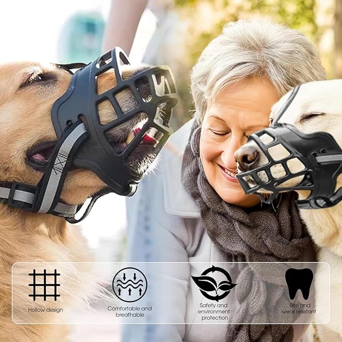 Dog Muzzle, Breathable Basket Muzzles for Small Medium Large Sized Dogs, Adjustable Humane Cage Mouth Cover for Grooming Biting Chewing, Allows Panting and Drinking (Soft Rubber, XXL)